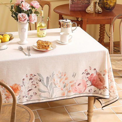 Linen Rectangle Tablecloth,French Vintage Pink Floral Pattern Wrinkle Free Table Cloth,Decorative Table Cover for Kitchen,Dining,Tea Party,Thanksgiving,Christmas,63"*87"-Sloosa