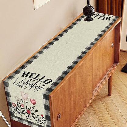 Valentines Day Table Runner,Vintage Rustic Black White Red Heart Buffalo Plaid Table Center Decor for Family Kitchen Living Room Outdoor Farmhouse Party Table Decorations, 13"x90"
