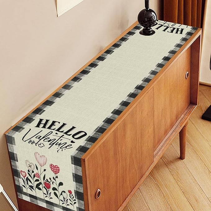 Valentines Day Table Runner,Vintage Rustic Black White Red Heart Buffalo Plaid Table Center Decor for Family Kitchen Living Room Outdoor Farmhouse Party Table Decorations, 13"x72"