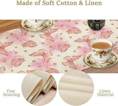 Watercolor Butterfly Table Runner, Cute Pink Butterfly Spring Modern Aesthetics Print Table Runner for Holiday Kitchen Dining Outdoor Home Party 13x36in