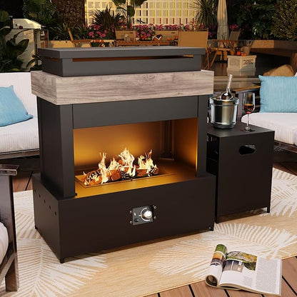 40.5''x35.4'' Propane Outdoor Fireplace, 50,000 BTU Patio Vent-Free Gas Heater, CSA Certified Grey & Black Weather-Resistant Steel, Realistic Ceramic Logs, Rain Cover Included