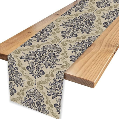 Blue Damask Table Runner, Boho Baroque Style Floral Flower Antique Classic Rustic Gothic Vintage Coffee Table Center Decor for Kitchen and Dining Outdoor Home Country Party Table Decorations, 13"x72"