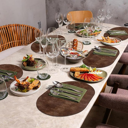 ADRIMER Placemats, Heat Resistant Oval Placemats Set of 4 Washable 12 x 17 Inch, Waterproof Table Mats, Wipeable Pu Place Mats for Kitchen, Dining Room, Brown