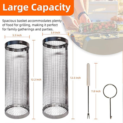 2PCS Grill Basket,Vegetable Grill Basket,Rolling Grill baskets for outdoor grill,grilling gifts for men,Grill Nets,Stainless Steel Grill Basket