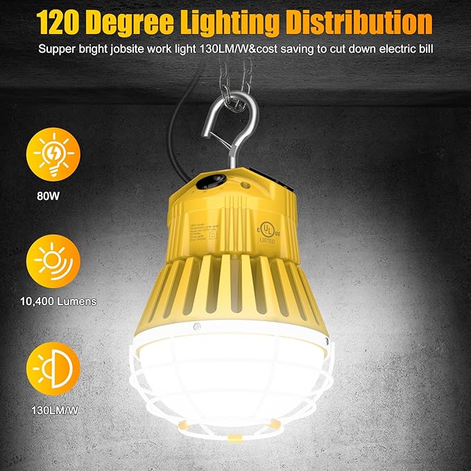 LED Temporary Work Light 80W, 10400LM 5000K Portable Hanging Construction Light with 10ft Cable Plug and Sturdy Hooks Linkable LED Work Light for Job Site Lighting, Workshop, Garage ETL Listed