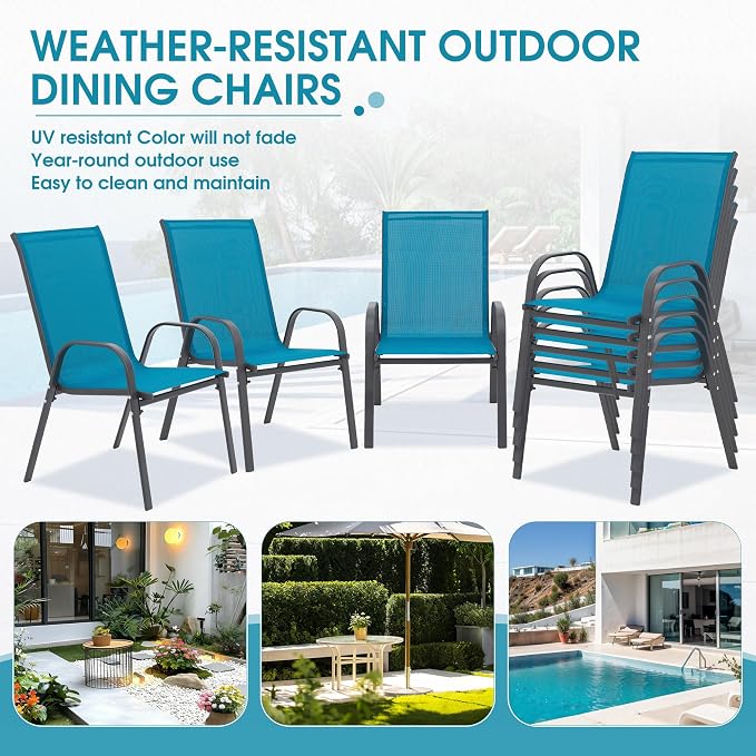 24.4" Wide Outdoor Stackable Chairs Set of 8 | Stacking Patio Chairs - Image 8