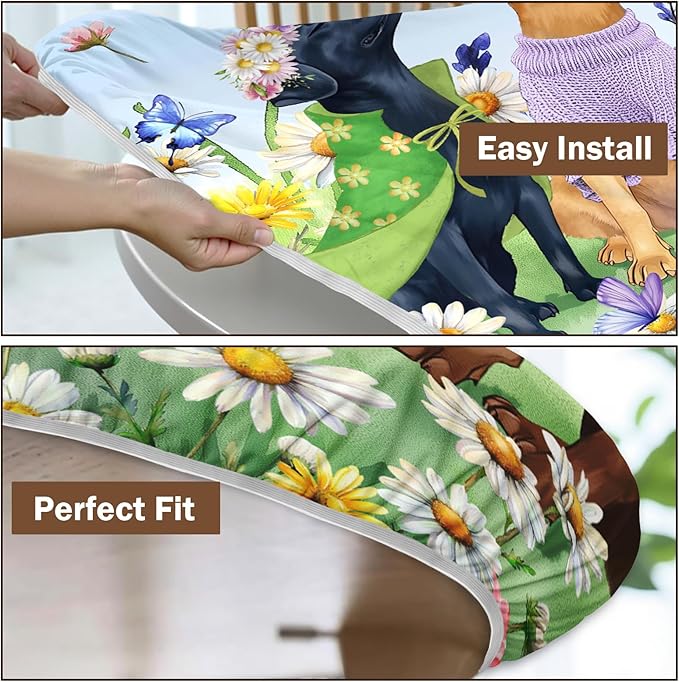 Spring Dogs Round Fitted Tablecloth with Elastic Colorful Floral Farmhouse Easter Circle Table Cloth for 36-40" Tables Wipeable Waterproof Outdoor Wildflowers Puppy Table Cover for Party Picnic Dining