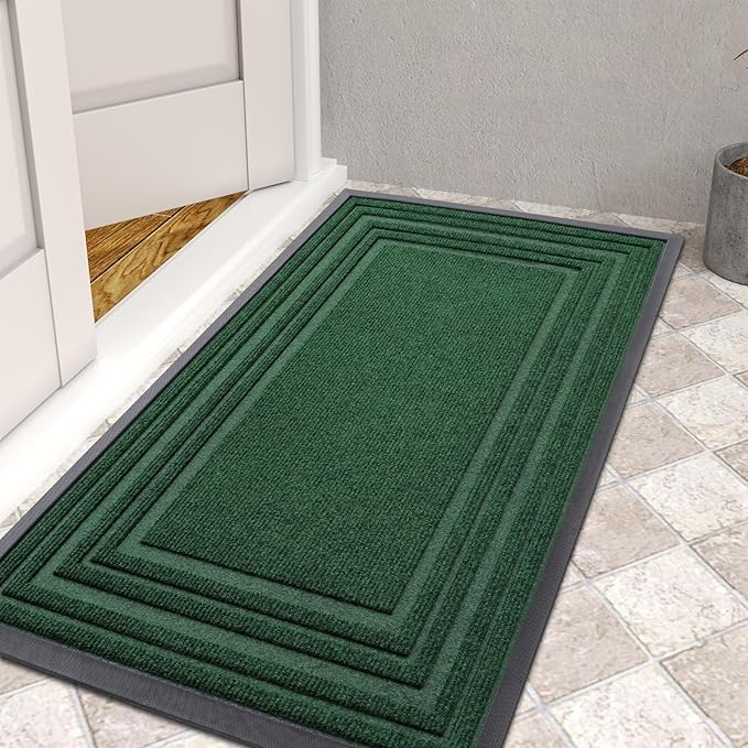 Buganda Front Door Mat Indoor Outdoor Entrance, Non-Slip Natural Rubber Doormats, Easy Clean, Low Profile, Dirt Trapper Entryway Floor Mats for Outside, Garages and Patios, 47x32, Green