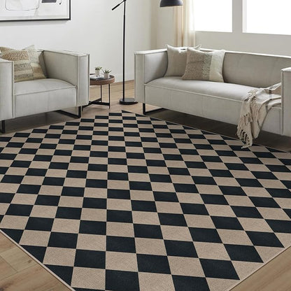 Easy Jute Black Checkered 8x10 Area Rug, Washable Modern Outdoor Rug for Patio Non-Slip Diamond Rugs for Living Room, Neutral Farmhouse Floor Carpet for Bedroom Dining Room Classroom