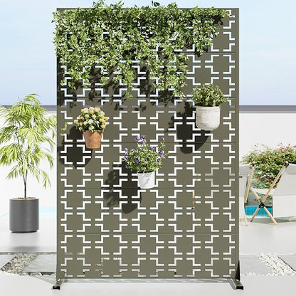 Casaphoria Metal Privacy Screen Outdoor, 72" H x 47" W Freestanding Decorative Privacy Screen for Patio Deck Balcony Garden with Stable Base, Grey-Brick