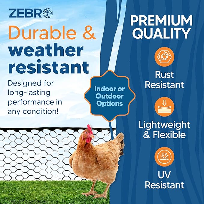 Zebro Plastic Chicken Wire Fence – Lightweight Poultry Netting & Garden Fence for Chicken Coops, Pet Enclosures, Balcony Safety & Landscaping – Weatherproof & Rust-Free - 3' x 25' Black