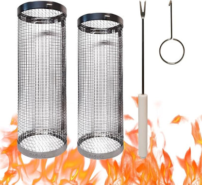 2PCS Grill Basket,Vegetable Grill Basket,Rolling Grill baskets for outdoor grill,grilling gifts for men,Grill Nets,Stainless Steel Grill Basket