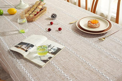 Chassic 60 x 120 inches Farmhouse Style Linen tablecloths, Wrinkle Resistant Washable Dining Room Table Cloths for 8 Foot Rectangle Tables - Hemstitch Light Coffee
