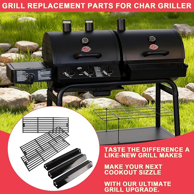 Grill Replacement Parts for Chargriller 5050 4000 4208 3725 3030 2121 2828 2123 2222 3001 9020 Parts, for King Griller 3008 5252, Cast Iron Grates Porcelain Heat Plates for Char Griller Accessories