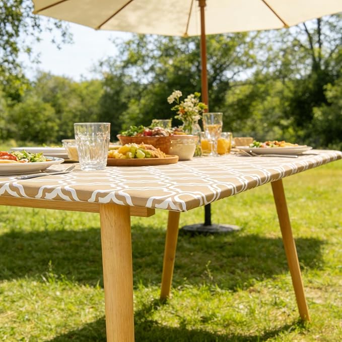 Rectangle Picnic Table Cloth, Elastic Waterproof Fitted Vinyl Tablecloths for 5 Foot Tables, Wipeable Flannel Backed Table Covers for Dining, Camping, Outdoor(Khaki,30"x60")