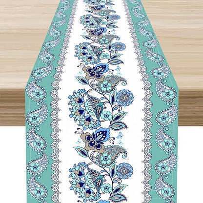 Paisley Table Runner, Vintage Teal Damask Floral Flower Boho Antique Damask Swirled Pattern Rustic Coffee Table Center Decor for Family Kitchen and Living Room Outdoor Table Decorations, 13"x72"