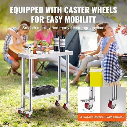 VEVOR Stainless Steel Work Table 30 x 12 x 34 Inch, 700 LBS Load Capacity with 4 Wheels, 3 Adjustable Height Levels, Heavy Duty Food Prep Worktable for Commercial Kitchen Restaurant, Silver
