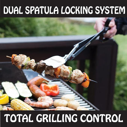 3-in-1 Barbecue Tool 21-inch by BBQ Croc - Extra Light and Xtra Long Tongs, Spatula and Grill Scraper (Black)