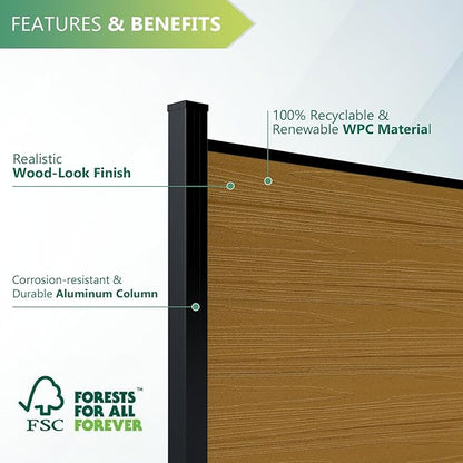 Mondaria Fence Privacy Screen with 8ft In-ground Posts, 6ft(H) x 6ft(W) Wood Plastic Composite Fence Panels Weather-Resistant Outdoor Fence for Backyard/Garden (Yellow Teak, 2 Posts)