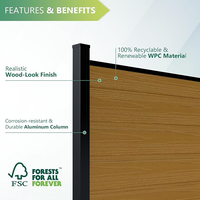 Mondaria Fence Privacy Screen with 8ft In-ground Posts, 6ft(H) x30ft(W) Wood Plastic Composite Fence Panels Weather-Resistant Outdoor Fence for Backyard/Garden (Yellow Teak, 6 Posts)