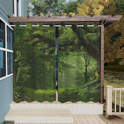 Nature Theme Waterproof Outdoor Curtains for Patio,Forest Pattern,Light Filtering Curtains Outside Curtains for Porch, Gazebo, Pergola, Backyard,2 Panels,W54 x L84,Green