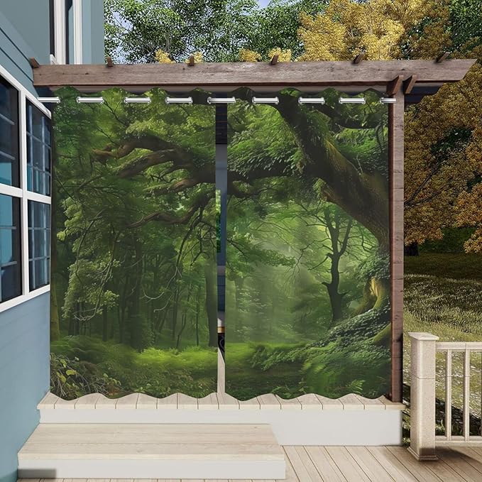 Nature Theme Outdoor Curtains for Patio Waterproof,Forest Pattern,UV and Fade Resistant Outside Curtains for Gazebo, Front Porch, Pergola,Set of 2 Panels,W42 x L84,Green