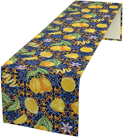 Yellow Lemon Table Runner Vintage Retro Summer Fruit Blue White Floral Printed Dining Table Decoration for Home Holiday Party Dresser Kitchen Cabin Restaurant Wedding Decor 13×60in