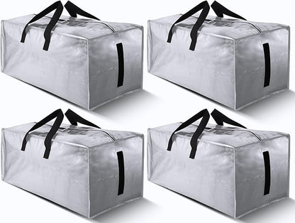 4 Pack Large Strong Bags with Zippers & Carrying Handles - Water-Resistant - Heavy Duty Storage Tote for Space Saving Storage, Fold Flat, Alternative to Moving Box (Silver)
