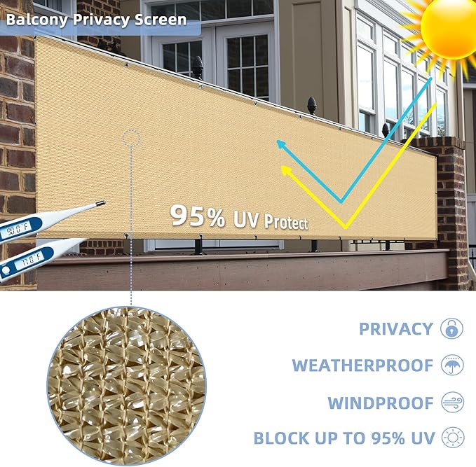 3'x13'Balcony Privacy Screen Cover Fence Cover UV Protection Weatherproof Windscreen Heavy Duty for Patio, Backyard,Sand