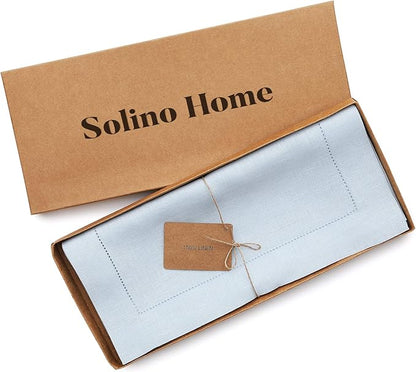 Solino Home Linen Light Blue Table Runner 48 Inches - Classic Hemstitch, 100% Pure Linen Coffee Table Runner 14 x 48 Inch Ideal for Dresser Tables, Spring, Easter