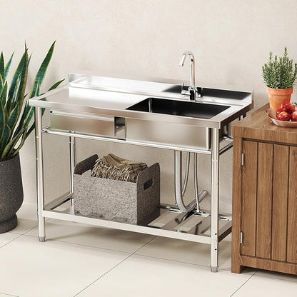 Stainless Steel Utility Sink, 47.2'' Free Standing Single Bowl Kitchen Sink with Cold and Hot Water Pipe, Left Drawer, Indoor and Outdoor for Laundry Room Farmhouse Kitchen(47.2 inch)