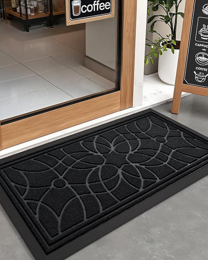 DEXI Front Door Mat Outside Entrance, Heavy Duty Non Slip Low Profile Doormat for Entryway, Trap Dirt and Moisture Welcome Mats, Easy Clean, Patio, Garage, 4x2, Black