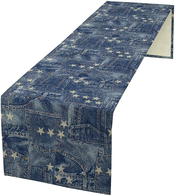 Patchwork Table Runner, Vintage Romance Jeans Pentagram Splicing Print Table Runner for Kitchen Dining Picnic Coffee Home 13x120in