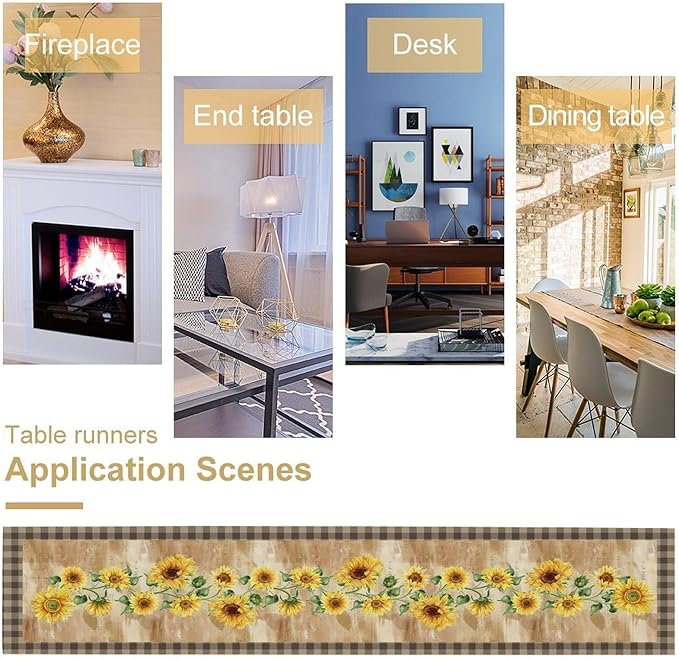 Yellow Sunflower Table Runner, Spring Sunflower Seasonal Country Fall Retro Plant Table Runners for Kitchen Farmhouse Dining Coffee Party 13x60in