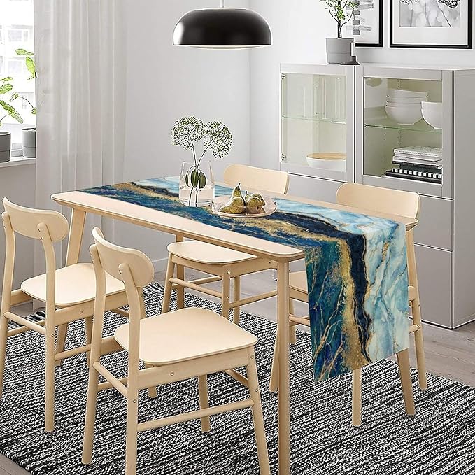 Marble Table Runner, Blue Texture Abstract Art Print Table Runner for Indoor Home Living Room Party Dining Kitchen 13x108in