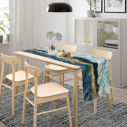Marble Table Runner, Blue Texture Abstract Art Print Table Runner for Indoor Home Living Room Party Dining Kitchen 13x36in