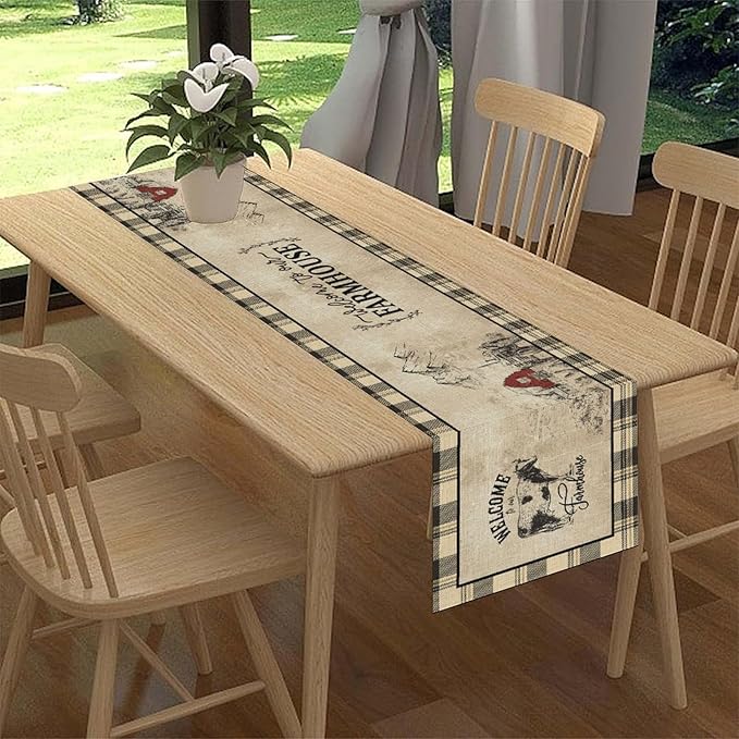 Farmhouse Table Runner, Rustic Country Barn Cottage Rooster Cow Check Animal Coffee Table Center Decor for Home Kitchen Dining Patio Holiday Party Indoor Outdoor Table Decorations 13"x72"