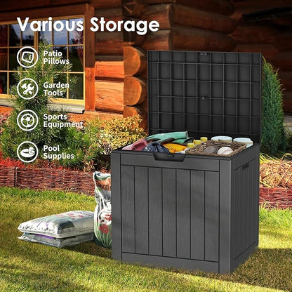 35 Gallon Resin Deck Box, Waterproof Outdoor Storage Box for Patio, Poolside, and Garden, Lockable UV-Resistant Storage Bin Bench Cabinet for Small Spaces, Black