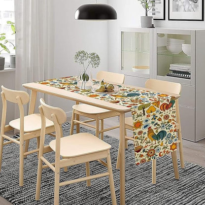 Farm Animal Table Runner, Boho Folk Style Country Rustic Farmhouse Rooster Flower Print Table Runner for Home Kitchen Dining Holiday Decor, 13x36inch