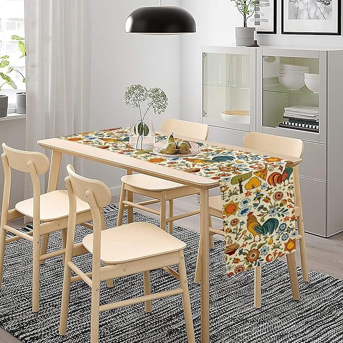 Farm Animal Table Runner, Boho Folk Style Country Rustic Farmhouse Rooster Flower Print Table Runner for Home Kitchen Dining Holiday Decor, 13x60inch