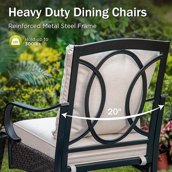 PHI VILLA 7-Piece Outdoor Dining Set, Heavy Duty Patio Table and Chairs Set with Umbrella Hole for 6, 64" Rectangular Patio Metal Table & Iron Wicker Dining Chairs with Cushions, 2 Swivel