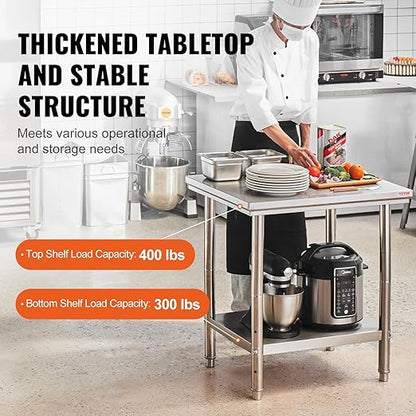 Mophorn Commercial Worktable & Workstation 24 x 30 x 32 Inch Stainless Steel Work Table Heavy Duty Commercial Food Prep Work Table for Home, Kitchen, Restaurant Metal Prep Table with Adjustable Feet