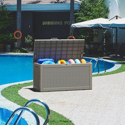 KAMABOKO 101 Gallon Waterproof Large Resin Deck Box, Lockable Large Outdoor Storage Boxes Indoor Outdoor Storage Container for Patio Cushions, Gardening Tools, Pool Supplies, Grey
