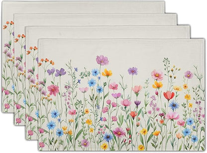 Giwawa 4PCs Spring Floral Placemats Summer Wildflowers Place Mat 12x18 Inch Watercolor Herb Flowers Washable Heat Resistant Table Mats for Kitchen Dining Party Picnic Seasonal Decor
