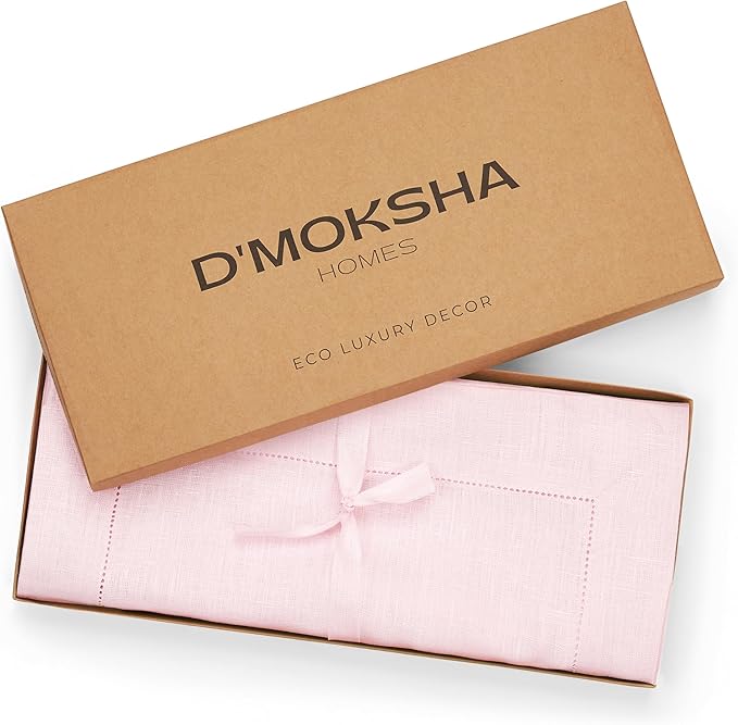 D'Moksha Homes Linen Pastel Pink Table Runner 108 Inches Long - 100% Pure Linen 14 x 108 Inch Table Runner for Valentines, Spring, Easter - Classic Hemstitch