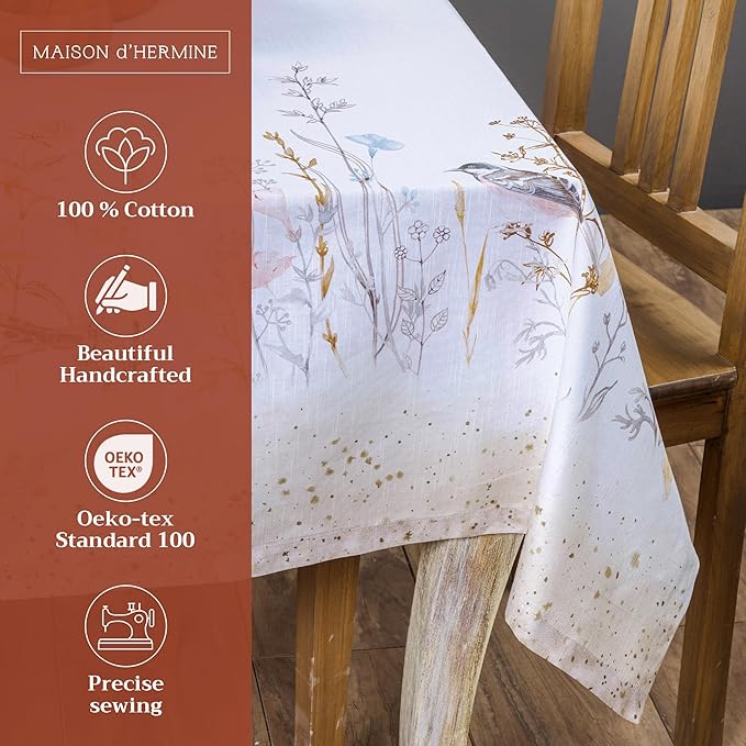 Maison d' Hermine Table Cloth Rectangle Table 100% Cotton 54 x 72 Inches Tablecloth Reusable for Dining Room, Farmhouse, Home, Party, Festive & Wedding Spring Summer - Meadow Florals - Beige