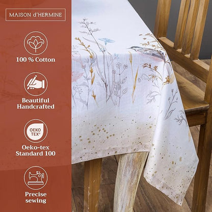 Maison d' Hermine Table Cloth Rectangle Table 100% Cotton 60 x 108 Inches Tablecloth Reusable for Dining Room, Farmhouse, Home, Party, Festive & Wedding Spring Summer - Meadow Florals - Beige