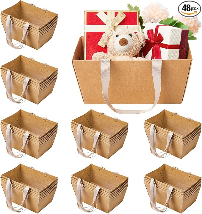 Pinkunn 48 Pcs Basket for Gifts Empty DIY Bulk Party Gift Basket Kit with Handles Market Trays for Packages Wrapping Wedding Party Anniversary Display(Brown,Classic)