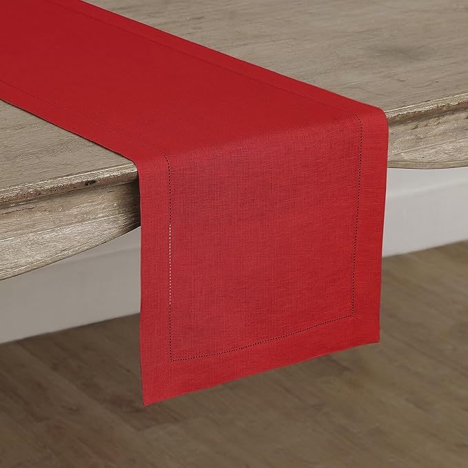 Solino Home Linen Table Runner 90 Inches Long - 100% Pure Linen Red Table Runner 14 x 90 Inch for Christmas, Holiday - Classic Hemstitch