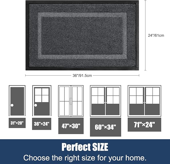 Large Front Door Mat Outside Entrance Indoor Doormat, 36" x 24" Outdoor Mats for Patio Waterproof, Outdoor Door Mats for Outside Entry, Indoor Rugs for Entryway, Sturdy Natural Rubber, Drak Gray